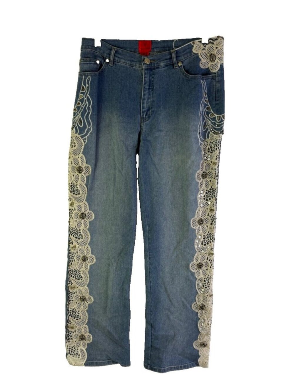 Vintage 90s Jeans Embroidered Floral Lace Wide Leg Streetwear
